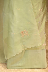 Sage Green Katan Silk Suit Set with Scalloped Organza Dupatta