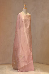 Rose Gold Katan Silk Suit Set With Handwoven Jaal & Organza Dupatta
