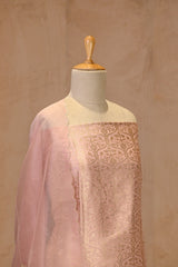 Rose Gold Katan Silk Suit Set With Handwoven Jaal & Organza Dupatta