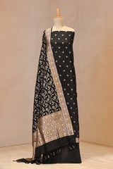 Black Unstitched Katan Silk Suit Piece with Woven Zari Butis & Floral Jaal Dupatta