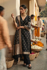 Black Unstitched Katan Silk Suit Piece with Woven Zari Butis & Floral Jaal Dupatta