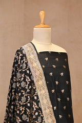 Black Unstitched Katan Silk Suit Piece with Woven Zari Butis & Floral Jaal Dupatta