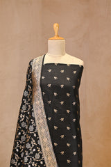 Black Unstitched Katan Silk Suit Piece with Woven Zari Butis & Floral Jaal Dupatta