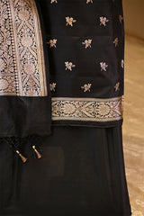 Black Unstitched Katan Silk Suit Piece with Woven Zari Butis & Floral Jaal Dupatta