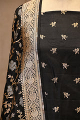 Black Unstitched Katan Silk Suit Piece with Woven Zari Butis & Floral Jaal Dupatta