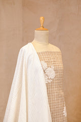 Beige Unstitched Cotton Suit Piece With Checks And Floral Grid Design