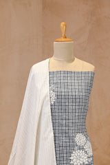 Blue Unstitched Cotton Suit Piece With Checks And Floral Grid Design