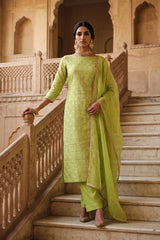 Lime Green Chiniya Silk Unstitched Women Suit Set with Floral Motifs