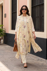 WOMEN IN Light Yellow Unstitched Cotton Suit Piece with Tulip Floral Embroidery