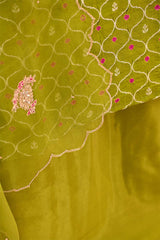 Henna Green Chiniya Silk Suit Set With Bandhni Jaal & Organza Embellished Dupatta