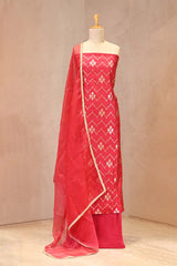  Dual-tone Sona-Roopa gold and silver zari woven floral zigzag pattern on a Red Chiniya silk unstitched suit set with an embroidered organza dupatta.