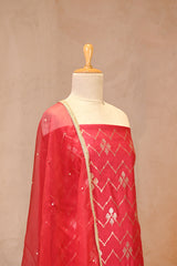 Red Chiniya Silk Unstitched Suit Set With Zig Zag Pattern