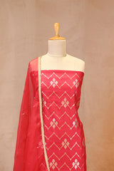 Red Chiniya Silk Unstitched Suit Set With Zig Zag Pattern