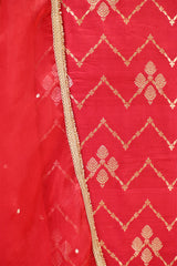 Red Chiniya Silk Unstitched Suit Set With Zig Zag Pattern