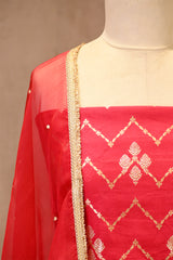 Red Chiniya Silk Unstitched Suit Set With Zig Zag Pattern
