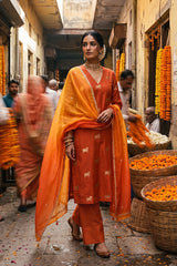 Orange Chiniya Silk Salwar Suit with Pichwai Motifs