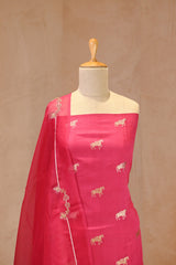 Pink Chiniya Silk Suit Set With Ashva Motifs & Gold Embellished Dupatta
