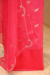 Pink Chiniya Silk Suit Set With Ashva Motifs & Gold Embellished Dupatta