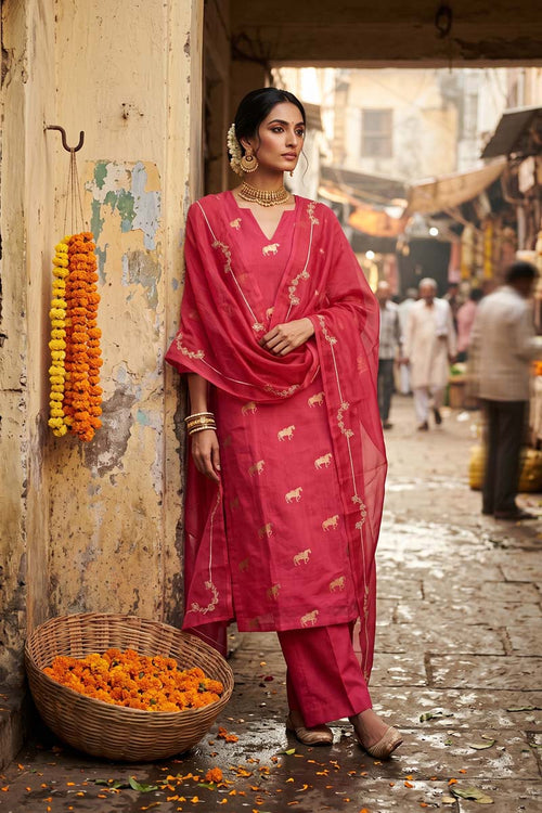 Pink Chiniya Silk Suit Set With Ashva Motifs & Gold Embellished Dupatta