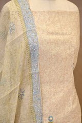 Beige Cotton Silk Three Piece Unstitched Suit Set with Resham Embroidery