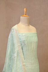 Sea Green Linen Three Piece Unstitched Suit Set with Floral & Pakshi Applique Work