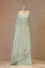 Sea Green Linen Three Piece Unstitched Suit Set with Floral & Pakshi Applique Work
