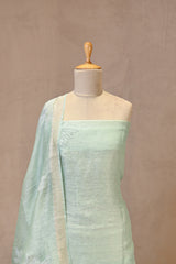 Sea Green Linen Three Piece Unstitched Suit Set with Floral & Pakshi Applique Work