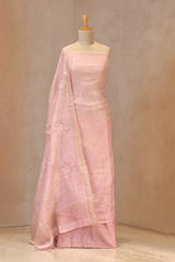 Pink Linen Three Piece Unstitched Suit Set with Floral & Pakshi Applique Work