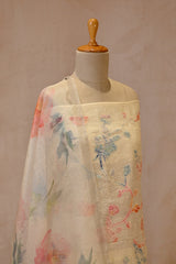 White Linen Three Piece Unstitched Suit Set with Multicolor Floral Applique Work