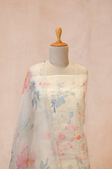 White Linen Three Piece Unstitched Suit Set with Multicolor Floral Applique Work