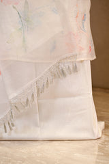 White Linen Three Piece Unstitched Suit Set with Multicolor Floral Applique Work