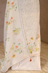 White Linen Three Piece Unstitched Suit Set with Floral Print