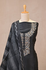 Black Semi Tussar Silk Three Piece Unstitched Suit Set with Resham Embroidery