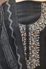 Black Semi Tussar Silk Three Piece Unstitched Suit Set with Resham Embroidery