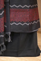 Black Semi Tussar Silk Three Piece Unstitched Suit Set with Resham Embroidery
