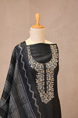 Black Semi Tussar Silk Three Piece Unstitched Suit Set with Resham Embroidery