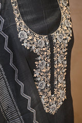 Black Semi Tussar Silk Three Piece Unstitched Suit Set with Resham Embroidery