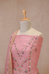 Pink Linen Three Piece Unstitched Suit Set with Resham Embroidery & Embellishment