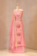 Pink Linen Three Piece Unstitched Suit Set with Resham Embroidery & Embellishment