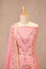 Pink Linen Three Piece Unstitched Suit Set with Resham Embroidery & Embellishment
