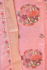 Pink Linen Three Piece Unstitched Suit Set with Resham Embroidery & Embellishment