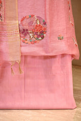 Pink Linen Three Piece Unstitched Suit Set with Resham Embroidery & Embellishment