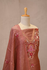 Rust Linen Three Piece Unstitched Suit Set with Resham Embroidery & Embellishment