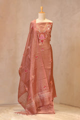 Rust Linen Three Piece Unstitched Suit Set with Resham Embroidery & Embellishment
