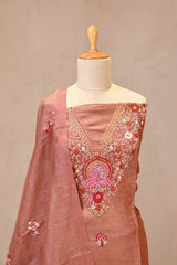 Rust Linen Three Piece Unstitched Suit Set with Resham Embroidery & Embellishment