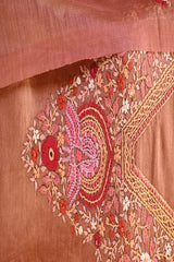 Rust Linen Three Piece Unstitched Suit Set with Resham Embroidery & Embellishment