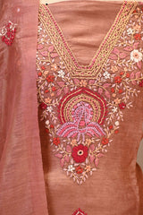 Rust Linen Three Piece Unstitched Suit Set with Resham Embroidery & Embellishment