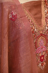 Rust Linen Three Piece Unstitched Suit Set with Resham Embroidery & Embellishment