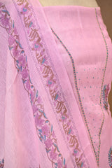 Pink Linen Three Piece Unstitched Suit Set with Floral Print and Cutdana Embellishment