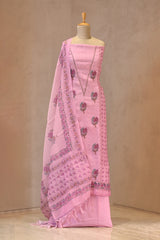 Pink Linen Three Piece Unstitched Suit Set with Floral Print and Cutdana Embellishment